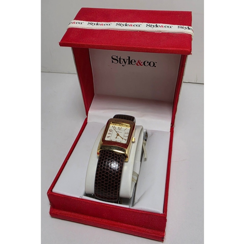Style & Co Womens Quartz Watch SC1100 Gold Tone Rectangular Brown Reptile Strap